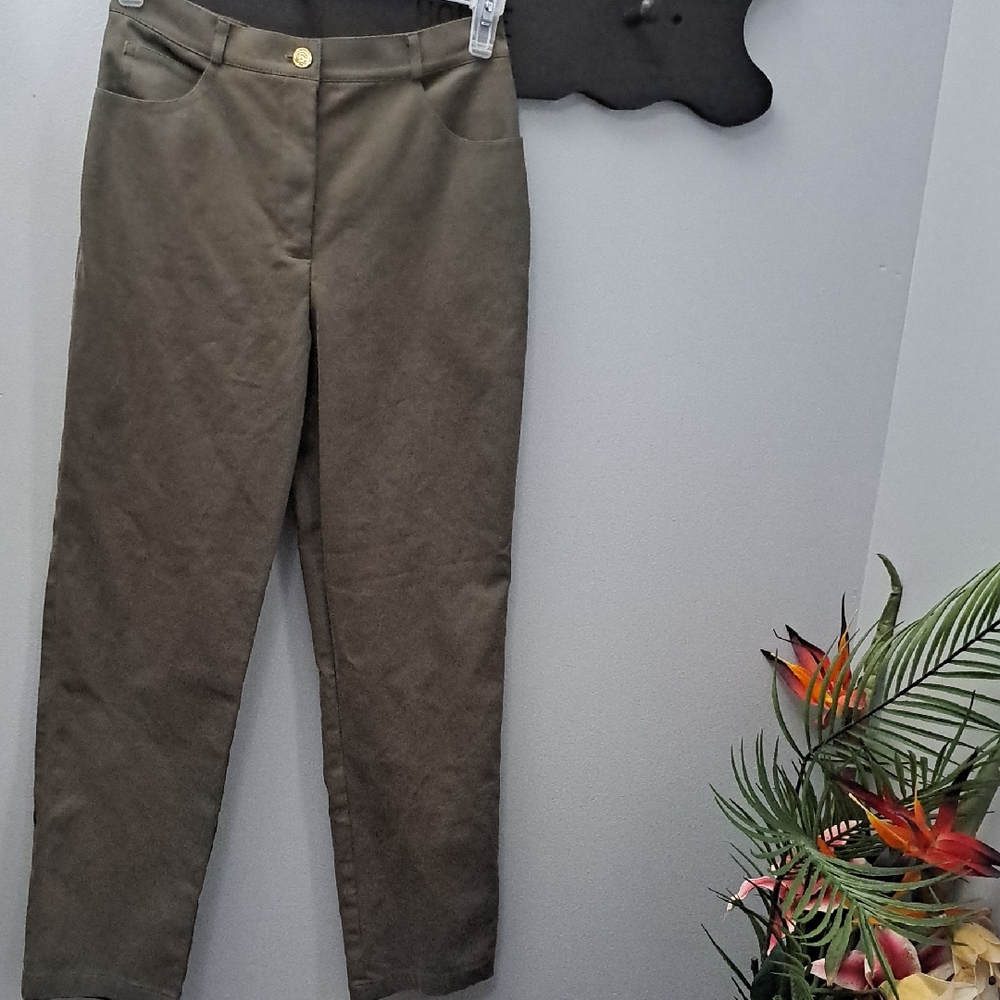 St. John Collection Olive Trousers with Gold Button Size 6